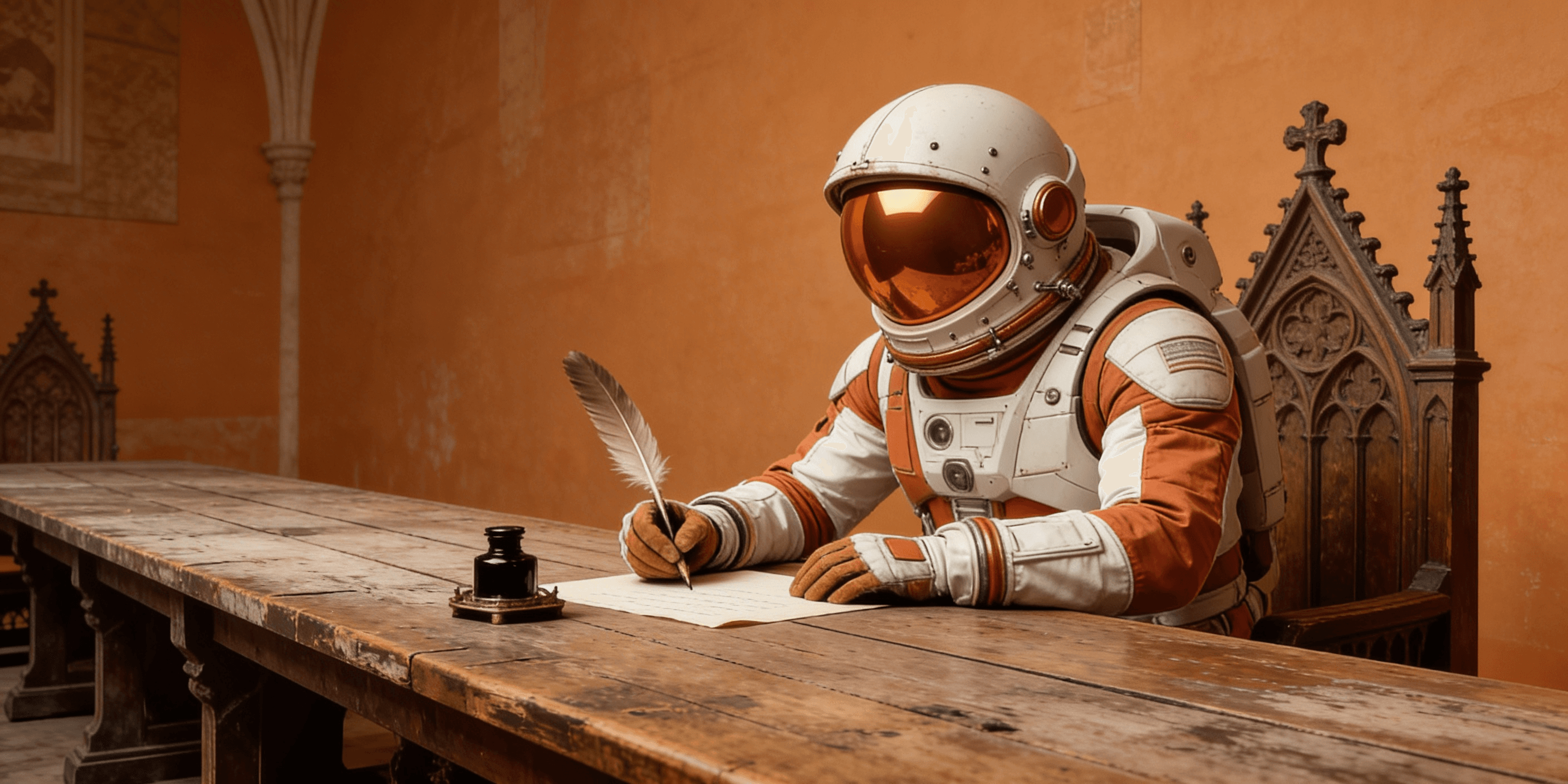 Astronaut schreibt mit Feder – Delegation an KI