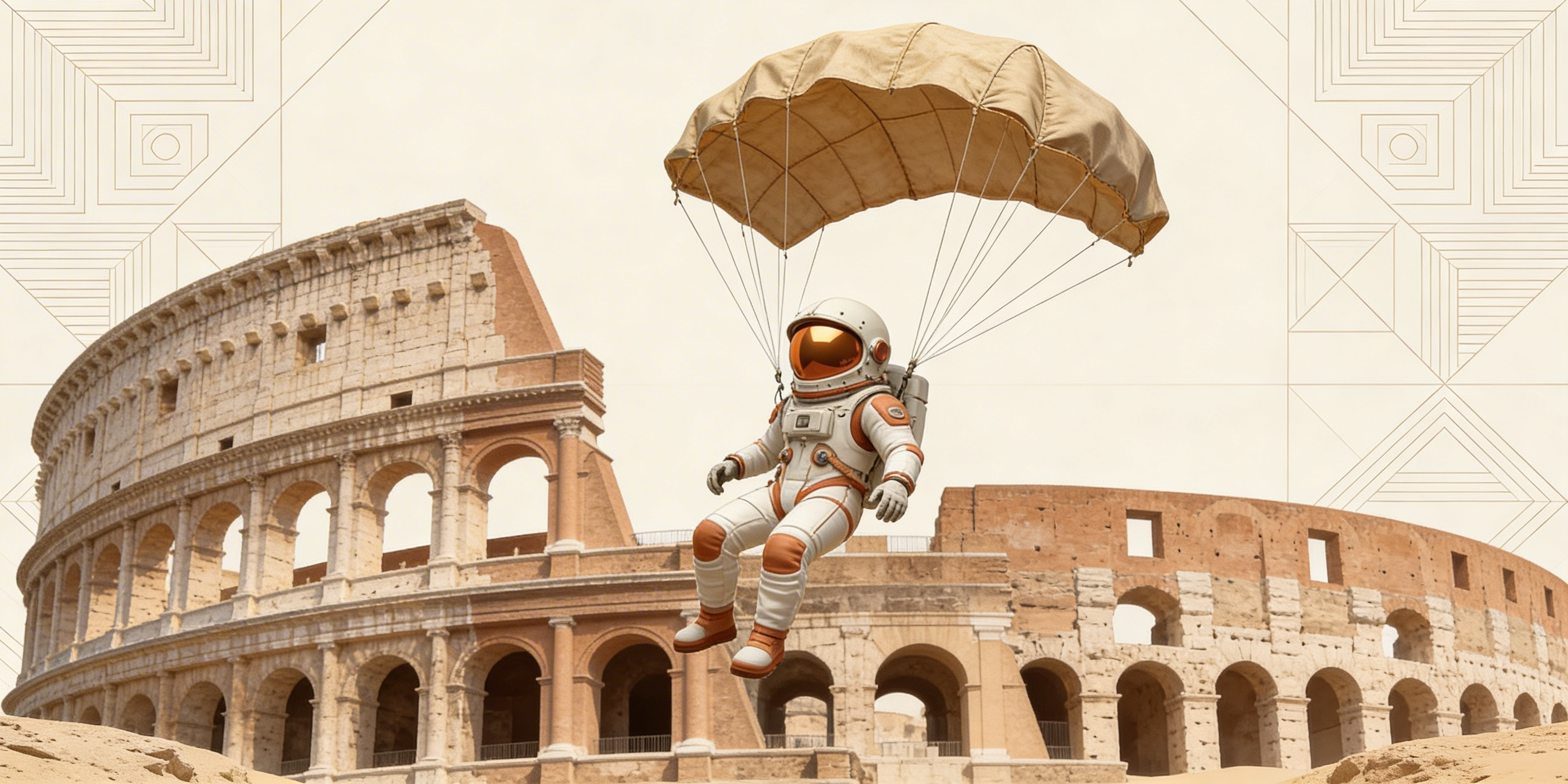 Astronaut schwebt mit einem Vintage-Fallschirm ins Kolosseum