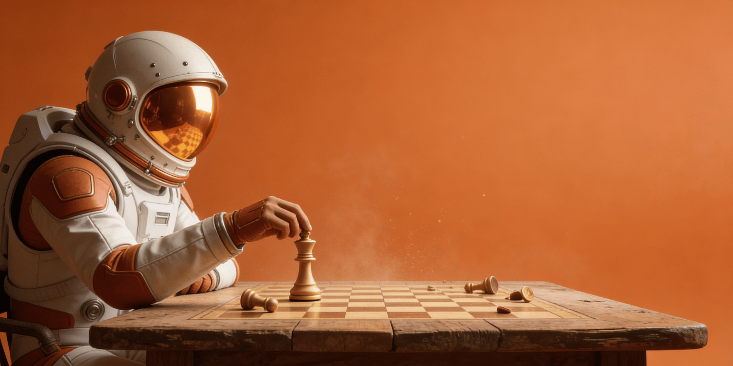 Astronaut setzt am Schachbrett eine Figur, während die Partie weiterläuft
