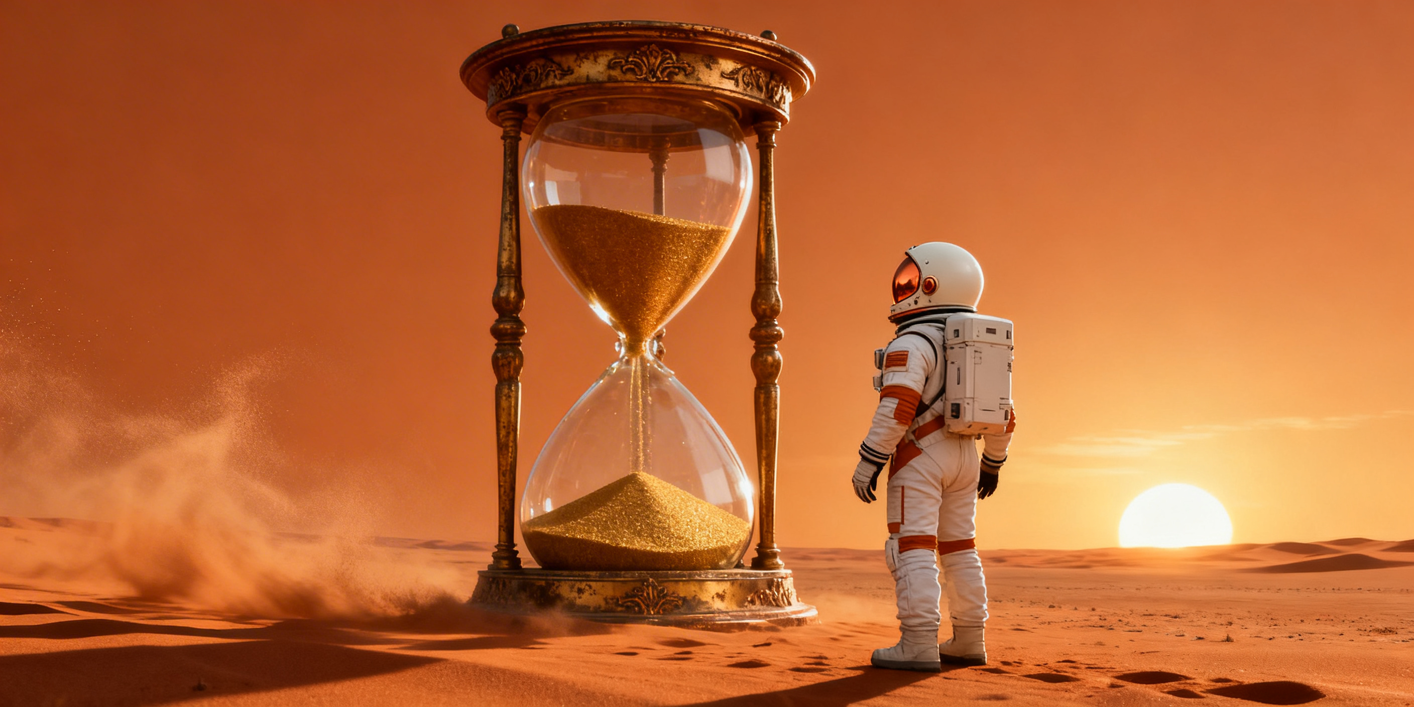 Astronaut steht in der Wüste vor einer riesigen Sanduhr